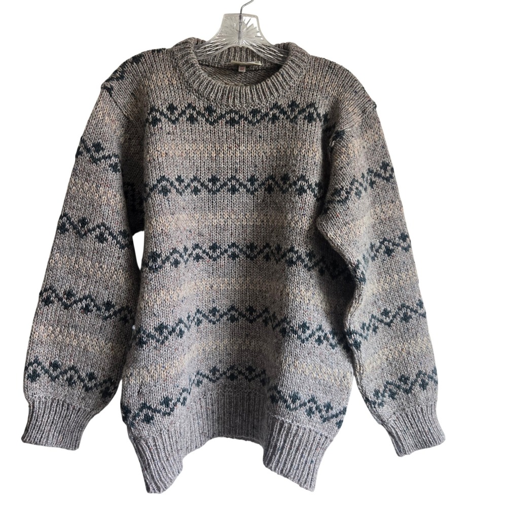 Gaeltarra 44 Wool Sweater Mens Oatmeal Grey Fair Isle Made in Ireland Pullover